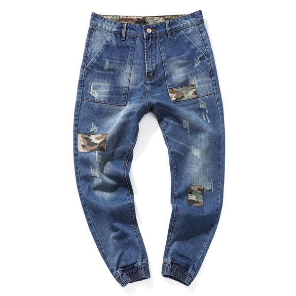 new fashion mens jeans harem ripped patchwork denim pants hip hop retro casual skinny trousers male joggers, Blue